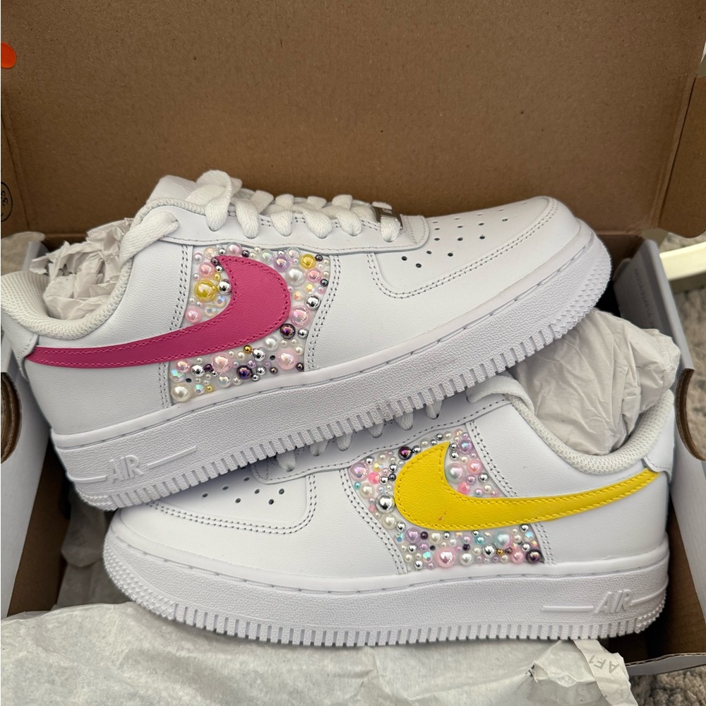 Nike Women's Air Force1 Sneakers with Pink and Yellow Custom Jewels Size 5.5